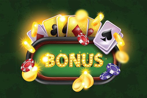 3D online casino welcome bonus background, vector reward game poster green poker table, playing card. Gambling extra loyalty offer, flying chips, winner competition banner. Casino bonus backdrop